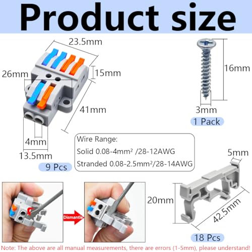 CESFONJER 2-in-4-out Terminal Blocks Kit (9 Sets), Lever Wire Connectors for Dual Input to Four Output Splicing, DIN Rail & Screw Mount, 28-12AWG Electrical Conductor, Incl Brackets & Screws - color: set1