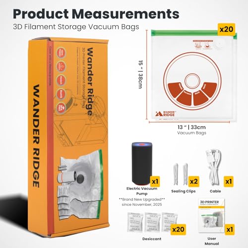 3D Filament Storage Vacuum Bundle – 20 Vacuum Storage Bags with Electric Pump & Rechargeable Desiccant Packs, Complete Moisture Control Kit for 3D Printer Filament