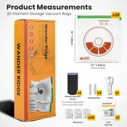 3D Filament Storage Vacuum Bundle – 20 Vacuum Storage Bags with Electric Pump & Rechargeable Desiccant Packs, Complete Moisture Control Kit for 3D Printer Filament