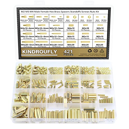 421 Pieces M2 M3 M4 Male Female Hex Brass Standoffs Spacers Screws Nuts Kit, Kindroufly Brass Standoffs Assortment Kit for PCB Motherboard - size: M2 M3 M4 Brass Standoffs