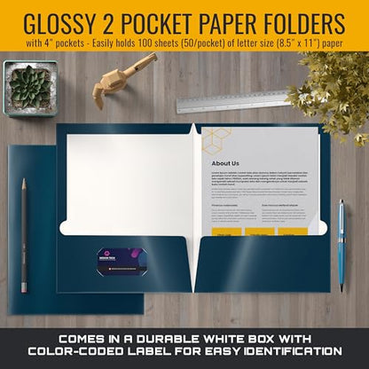 Better Office Products 2 Pocket Glossy Laminated Navy Blue Paper Folders, Box of 25, Letter Size, Dark Blue Paper Portfolios 25 Pack - color: Navy Blue