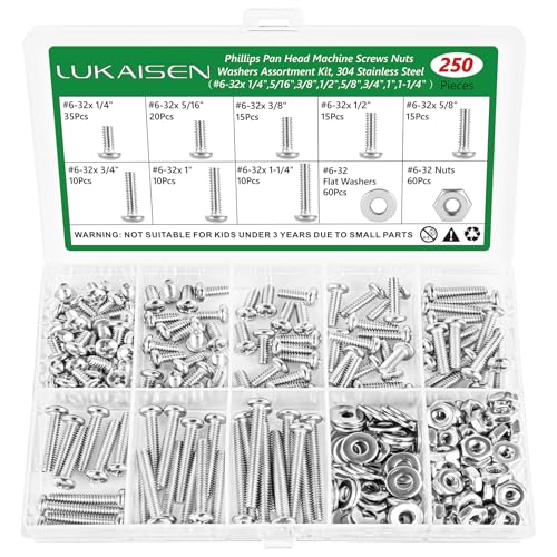 250 Pcs #6-32 Pan Head Machine Screws Nut Washer Bolt Kit,304 SS - size: SS 250Pcs #6-32（1/4" to 1-1/4" ） Pan