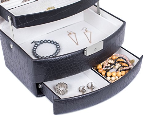Internet's Best Faux Leather 3-Tier Jewelry Case | Slide Open Jewelry Box | Multi Compartment for Rings, Earings, Necklaces & Bracelets | Interior Mirror | Black
