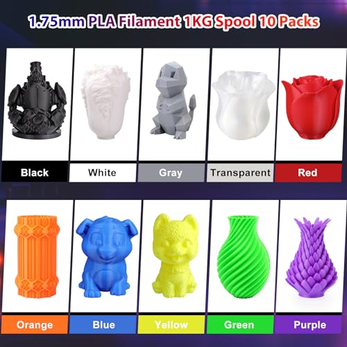 PLA Pro 3D Printer Filament 10 Packs, 1.75mm No Tangle, Each Spool Net Weight 1KG, in Total 10KG Bundles, Black+White+Grey+Clear+Blue+Green+Orange+Red+Yellow+Purple - color: 1kg-10 Colors