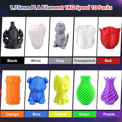 PLA Pro 3D Printer Filament 10 Packs, 1.75mm No Tangle, Each Spool Net Weight 1KG, in Total 10KG Bundles, Black+White+Grey+Clear+Blue+Green+Orange+Red+Yellow+Purple - color: 1kg-10 Colors