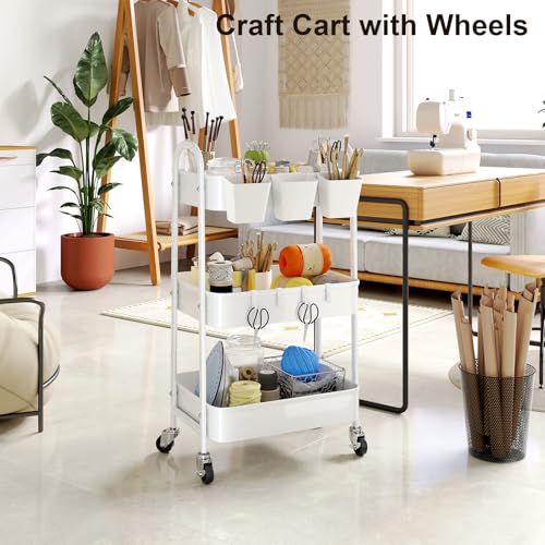 3 Tier Heavy Duty White Metal Rolling Cart with Lockable Wheels, Baby Carts - color: Simple White, size: 3 tier