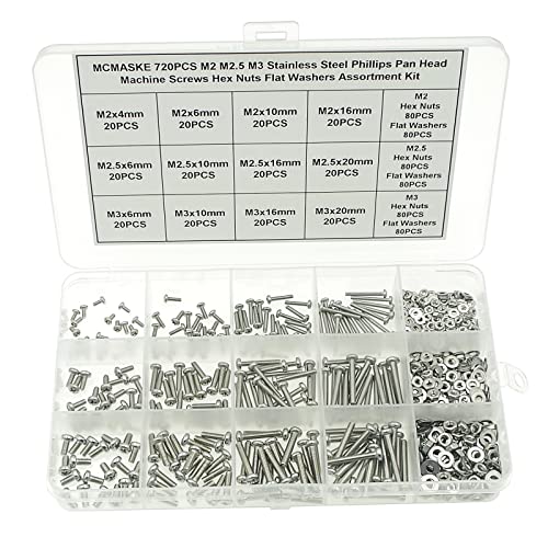 720PCS 304 SS Metric M2-M3 Pan Head Machine Screws Nuts Washers Kit - size: M2, M2.5, M3