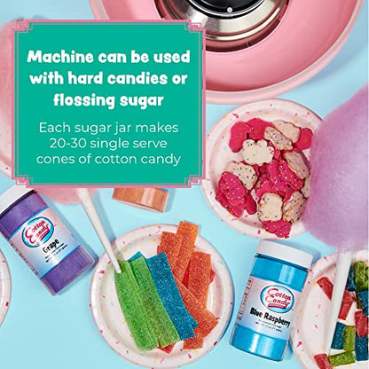 Cotton Candy Express CC1000-S Cotton Candy Machine, with 3 - 11oz. Jars of Cherry, Grape, Blue Raspberry, Orange, Pink Vanilla Floss Sugar & 50 Paper Cones Easy to Use and Clean - color: Pink Machine with 3 Flavors