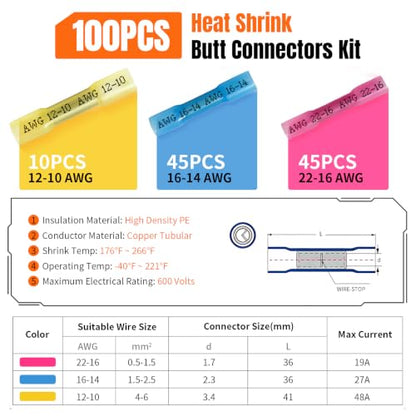100PCS Heat Shrink Wire Butt Connectors Kit 22-10 Gauge Wire - color: 100pcs(22-10)