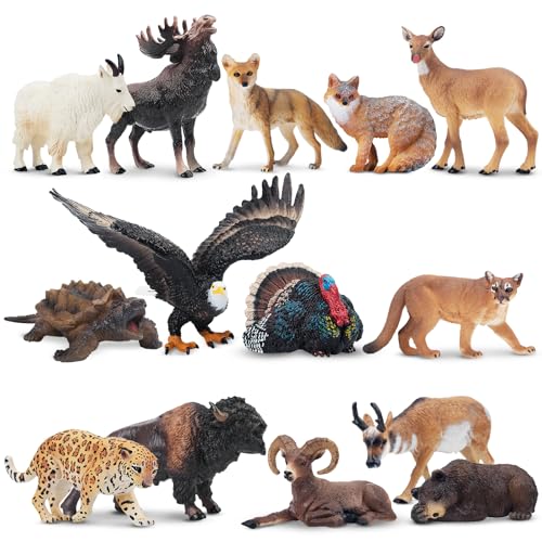 Toymany 14PCS Mini North American Forest Animals Figurines, Realistic Jungle Animal Toys Includes Elk Pronghorn Leopard Gey Fox for Kids Adults Toddlers - color: Forest