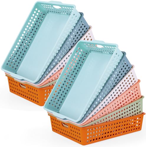 12 Pcs Plastic Classroom Storage Basket Bulk 14 x 10 In Turn in Paper Trays for Classroom A4 Size Colorful Storage Organizer Bin with Handles Stackable Container for Playroom Home Office School Supply - color: 6 Macaron color