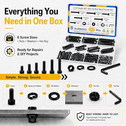 192PCS M5 Screws, M5x25/30/35/40/45/50mm Hex Socket Head Cap Bolts Nuts & Washers Set, 12.9 Grade Alloy Steel, Black Oxide, M5 Screw for Furniture & Repairs - size: M5 192pcs