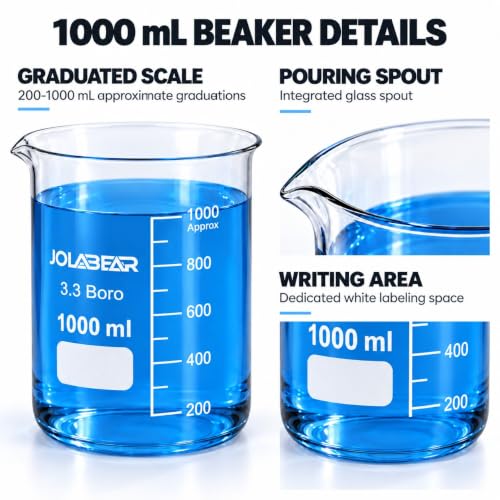 JOLABEAR 4-Pack 1000 mL 3.3 Borosilicate Glass Lab Beakers, Low Form - size: 1000ml 4pcs