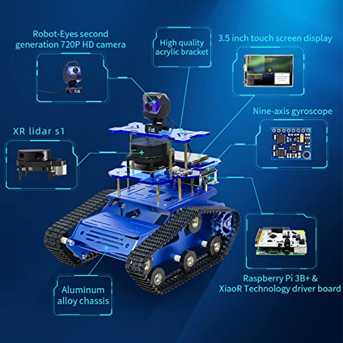 AI Robot Kit with Raspberry Pi XR lidar s1 ROS SLAM Smart Car DIY Tank Robotics Kit Build Maps, Autonomous Navigation, Object Recognition Tracking, Following(Blue with Raspberry Pi 4B 4GB) - color: Blue