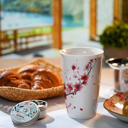 Tea Gift Set for Women - 6 Herbal Loose Leaf Tea Blends, Insulated Ceramic Cup with Infuser & Lid | Birthday, Mother's Day, Anniversary & Retirement Gift for Her - color: Cherry Blossom