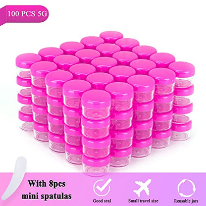 100PCS 5 Gram Sample Containers, 5ml Empty Jars with Lids, Small Cosmetic Containers, Mini Sample Jars with 8PCS Mini Spatulas for Make Up, Oils, Lotion, Powder, Paint, Jewelry, Lip Balms(Pink Lid) - color: Pink, size: 100 Count