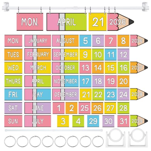 AmazingSpark 54 Pcs Flip Calendar Bulletin Board Set 2026 Classroom Date Flip Chart Calendar for Classroom with Adjustable Holder Back to School Elementary Must Have Supplies(Pencil Style,Pastel) - color: Pastel, style: Pencil Style