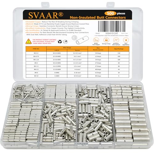 SVAAR 500PCS Non Insulated Butt Connectors 6-26 Gauge Butt Splice Kit 6-26 Gauge Wire Butt Splice, Marine Grade Tinned Copper Crimp Connectors for 26-6 AWG Wiring Uninsulated Butt Terminals - color: Non-Insulated Splice - Tinned Copper