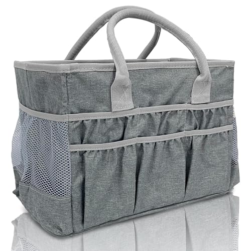 Cupohus Craft Organizer Tote Bag – Craft Caddy with 2 Mesh Side Pockets & Front Elastic Pockets, Foldable Large Capacity Supply Storage Bag for Sewing, Knitting, Painting, and Travel (Grey) - color: Grey