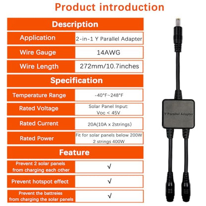 Parallel Adapter Cable, 8mm, Solar Combiner Cable, Y Branch, 10.7in, 10A, 45V, 300W, Reverse Current Protection, Compatible with Jackery