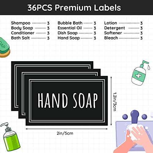 Segbeauty Waterproof Labels - 36 Pack Soap Dispenser Stickers, Shampoo Conditioner Hand Soap, Self-Adhesive Removable Bathroom Kitchen Laundry Labels - style: S+D-Black