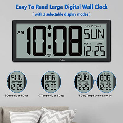 WallarGe 14.5'' Large Digital Wall Clock Battery Operated - color: Black
