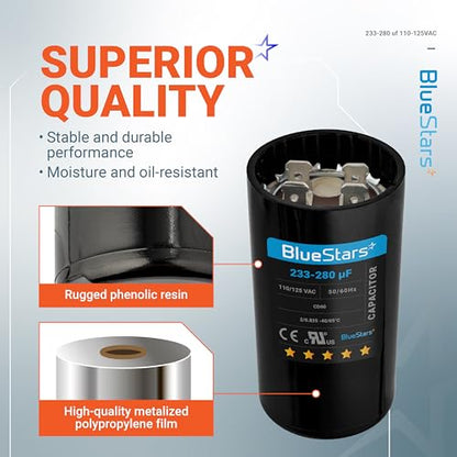 BlueStars 233-280 uF MFD 110-125 VAC Motor Start Capacitor Electric - size: 233-280 MFD 110-125 VAC