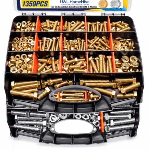 1359Pcs Hex Bolts and Nuts Assortment Kit, 304 Stainless Steel 1/4-20, 5/16-18, 3/8-16, 1/2-13 Machine Screws Set, Grade 8.8 M4 M5 M6 M8 M10 Metric Bolt Nuts and Washers Kit Assortment - color: yellow zinc plated