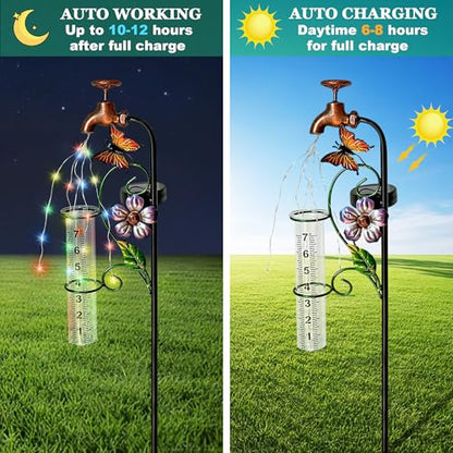 37in Solar Butterfly Rain Gauge Copper Faucet Metal Garden Stake Decor - color: Bronze Faucet