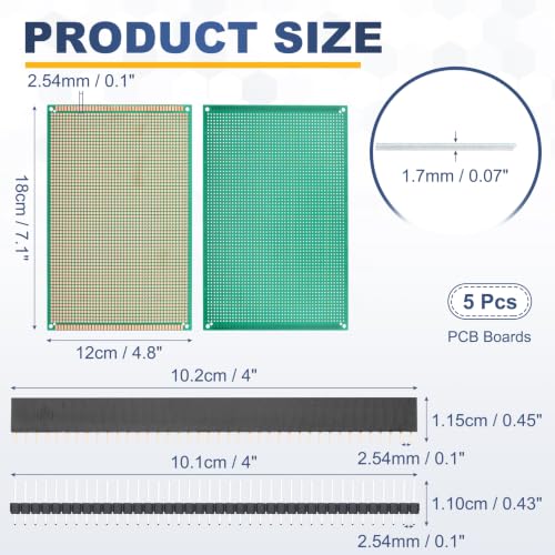 5Pcs 18x12cm PCB Prototype Board w 40-Pin Headers, Green - size: 18x12cm(2.54mm Pitch/1.5mm T)