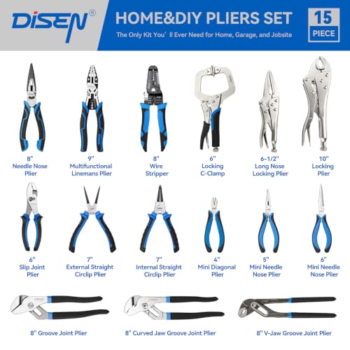 DISEN Pliers Set 15 Pieces Full Assortment of Plier with EVA - color: Bue-black 15pcs