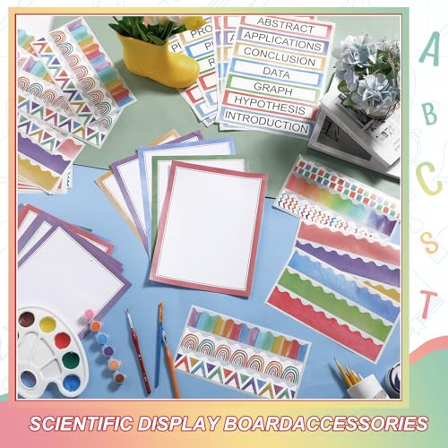 Fuyoooo 90 Pcs Science Fair Board Supplies 60 Trim Scalloped Bulletin Board Borders 24 Presentation Board Subtitles 6 Science Fair Titles for Classroom Display Boards (Watercolor) - style: Watercolor