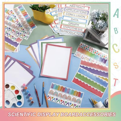 Fuyoooo 90 Pcs Science Fair Board Supplies 60 Trim Scalloped Bulletin Board Borders 24 Presentation Board Subtitles 6 Science Fair Titles for Classroom Display Boards (Watercolor) - style: Watercolor