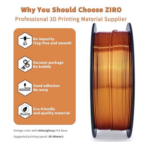 ZIRO PLA 3D Printer Filament, Shiny Glossy Surface, 1KG/2.2lbs, Red Copper - color: Silky-red Copper