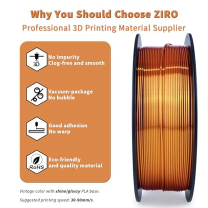 ZIRO PLA 3D Printer Filament, Shiny Glossy Surface, 1KG/2.2lbs, Red Copper - color: Silky-red Copper