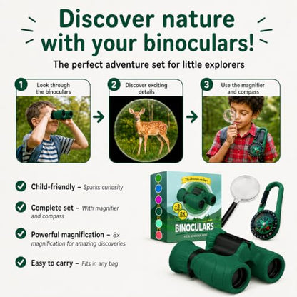 Binoculars for Kids – Perfect Toy for Little Boys and Girls – Extensive Set Incl. Magnifying Glass & Compass – Powerful Magnification 8X21 – 3 to 12 Year Old Kids for Toddler - color: Dark Green