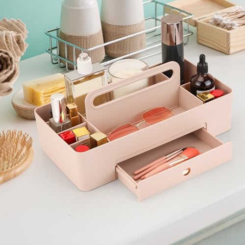 Multipurpose Caddy Organizer with Handle -8 Compartments and 1 small drawer - Art Craft Supplies, Office, Desk, Stationery Pen Holder, Makeup, Bathroom, Shower, Cleaning, Dorm Organizer - Pink