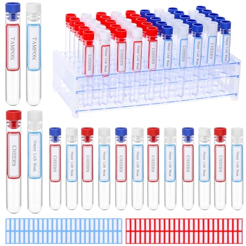 100Pcs Secret Tampon Flasks Lab Week Gifts Clear Plastic Test Tubes Shot with Racks Stickers 16x100mm Test Tube with Caps, Tubes Rack Plastic Tubes with Lids for Wedding Cruise Event Outdoor Sports