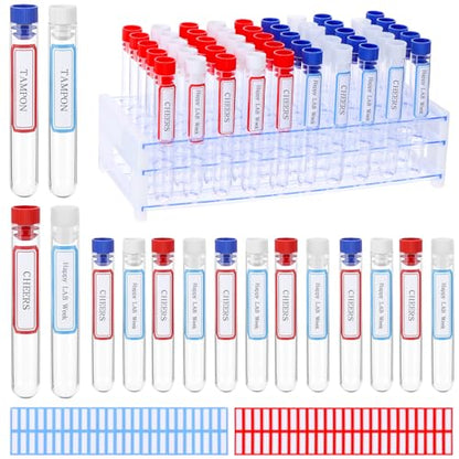 100Pcs Secret Tampon Flasks Lab Week Gifts Clear Plastic Test Tubes Shot with Racks Stickers 16x100mm Test Tube with Caps, Tubes Rack Plastic Tubes with Lids for Wedding Cruise Event Outdoor Sports