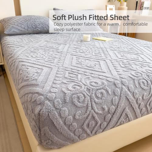 European Damask Embossed Plush Fitted Sheet,King,Light Gray,80x78inch - color: Light Gray, size: King(80"x78")