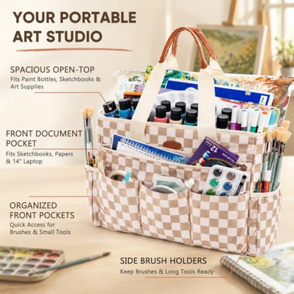 APOFFICE Art Supply Organizer, Large Craft Organizer Tote Bag, Craft Tote - color: Khaki