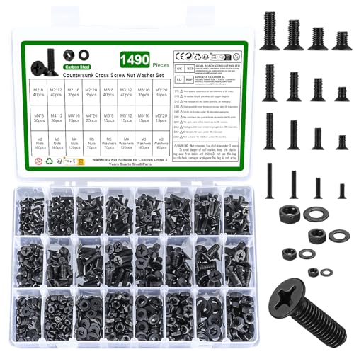 1490 Pcs M2 M3 M4 M5 Machine Screws Assortment Kit,Flat Head Screws - size: M2 M3 M4 M5 - 1490