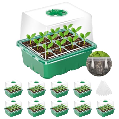 MIXC 10 Pack Seed Starter Tray, 120 Cell Stater Kit with Elevated Lid Green - color: Green, size: 12 Cell-10 Packs-Elevated Cover