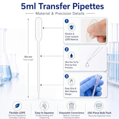 Tellegloww 250 Pcs 5ml Transfer Pipettes, Fine Tip LDPE Liquid Dropper - size: 5ml