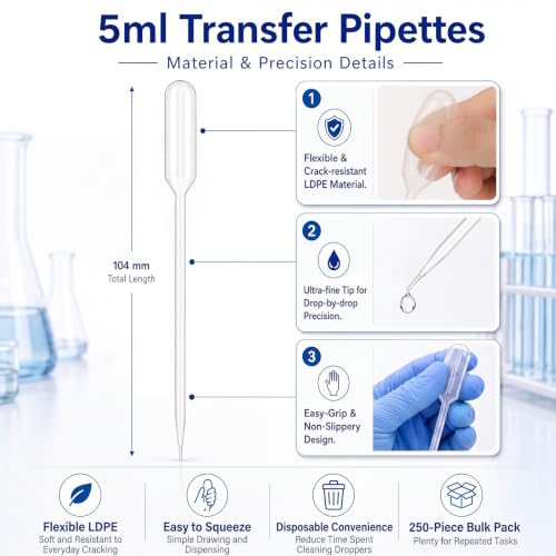 Tellegloww 250 Pcs 5ml Transfer Pipettes, Fine Tip LDPE Liquid Dropper - size: 5ml