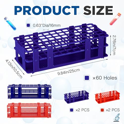 CroBlissful 4 Pcs 60 Hole Plastic Test Tube Rack Lab Holder Rack for 16mm/20mm Tube Detachable, Blue, Red - color: Blue,Red, size: 60 Hole