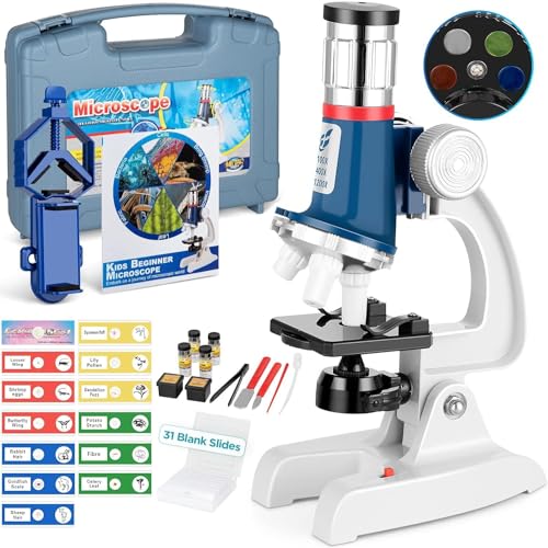 58-Piece Kids Microscope Kit - 100X-1200X Magnification, Metal Body, LED Light, Carrying Box - Science Experiment Toy for Kids Ages 5-12 - color: Blue