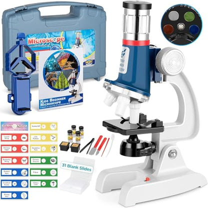 58-Piece Kids Microscope Kit - 100X-1200X Magnification, Metal Body, LED Light, Carrying Box - Science Experiment Toy for Kids Ages 5-12 - color: Blue
