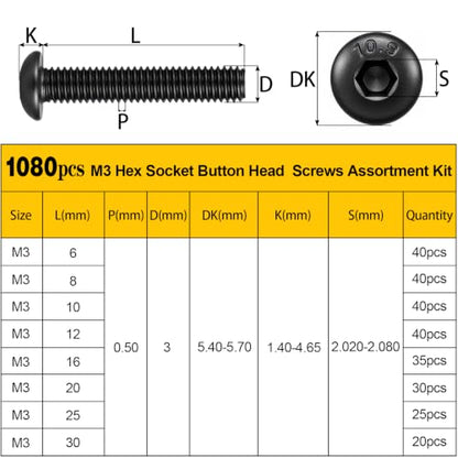 1080PCS M3 Button Screws Assortment Kit, M3x6/8/10/12/16/20/25/30 mm - size: M3 1080pcs