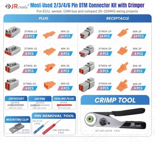 JRready ST6461 Deutsch DTM Connector Kit with Crimping Tool & Pin Removal Tools, DTM 2/3/4/6 Pin Waterproof Wire Connectors, Size 20 Solid Contacts 20-22AWG for Automotive ECU Sensor Wiring - size: DTM Kit with Crimper
